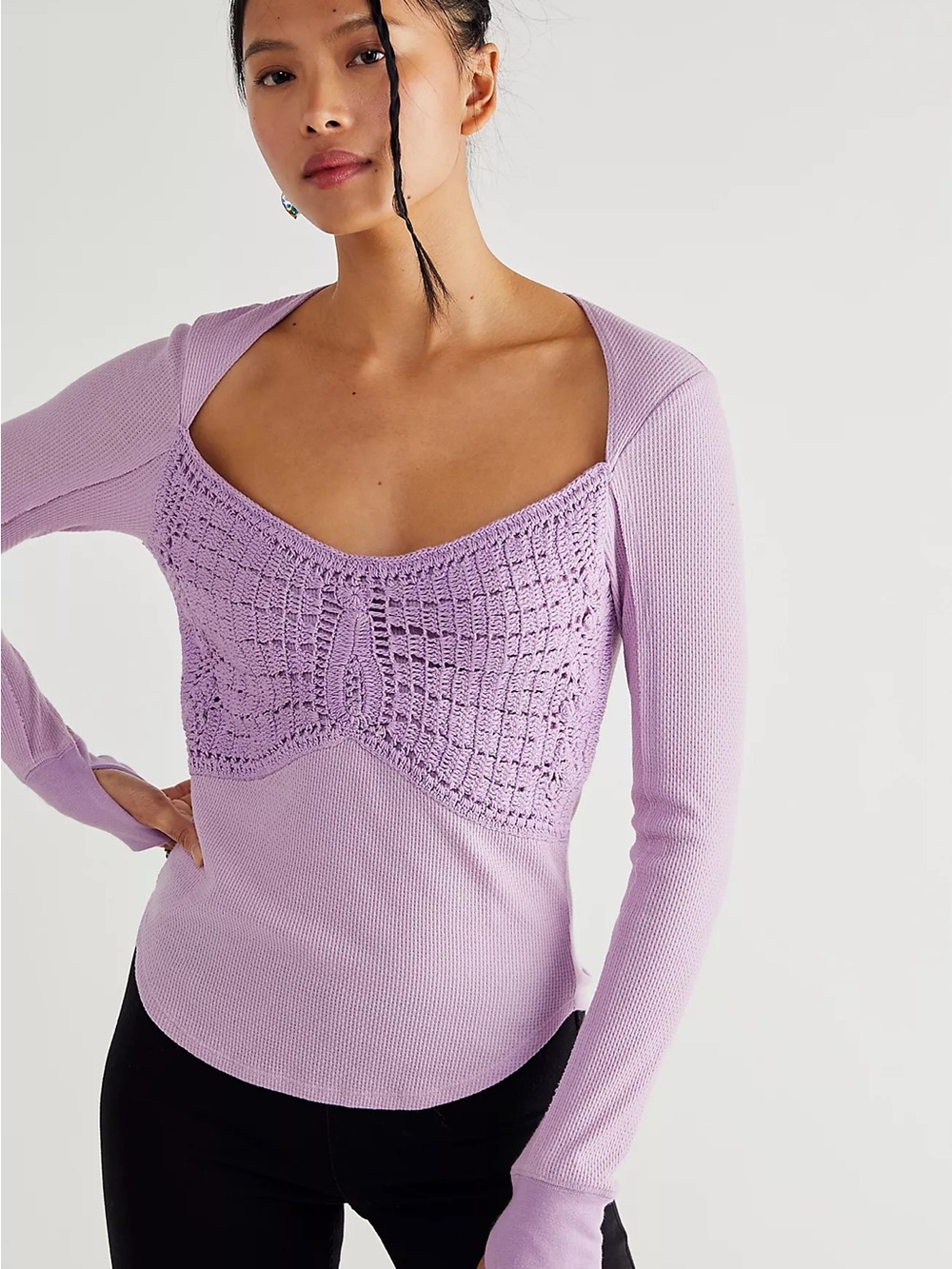Free People Lilac Butterfly Dreams Ribbed Knit Top Crochet Size Small Womens